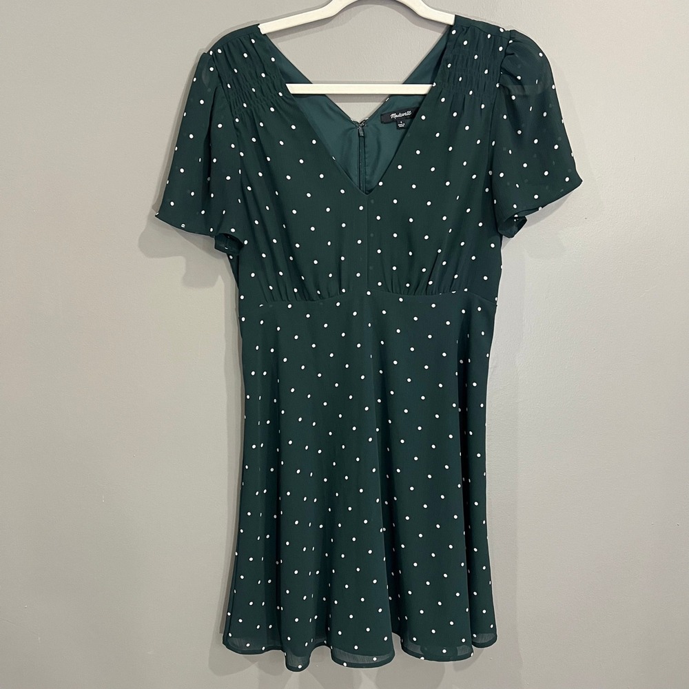 Madewell Dress Womens 4 Green Great Polka Dot V-Neck Mini Flutter Sleeve L9082